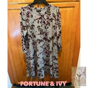 Fortune + Ivy Floral and Gray Long Sleeve Dress, Sz 1X